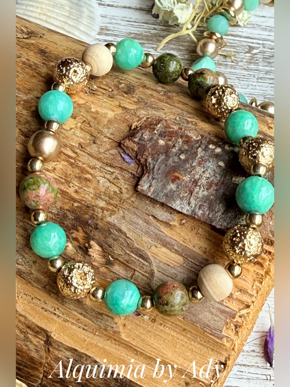 Amazonite + jasper + unakite gold + boho bracelet